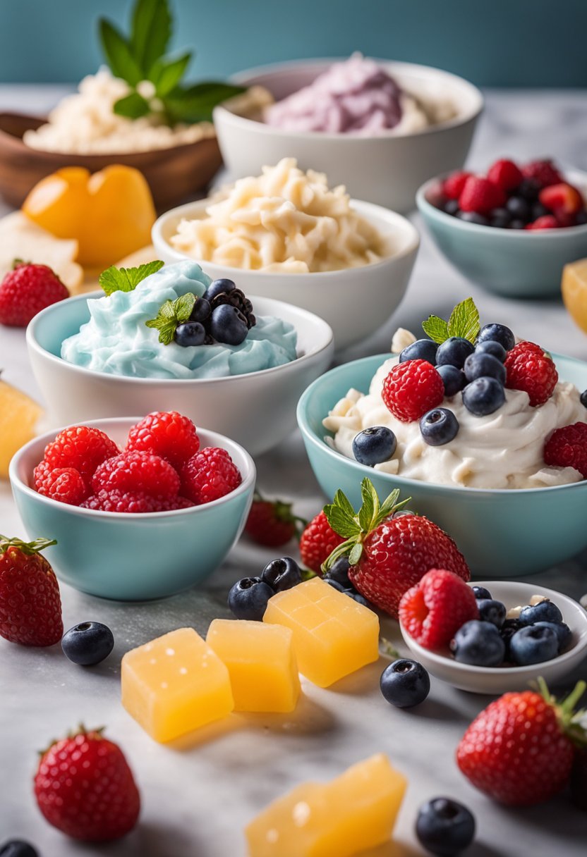 A bowl of keto jello fluff surrounded by various flavor variations and add-ins like berries, nuts, and coconut flakes