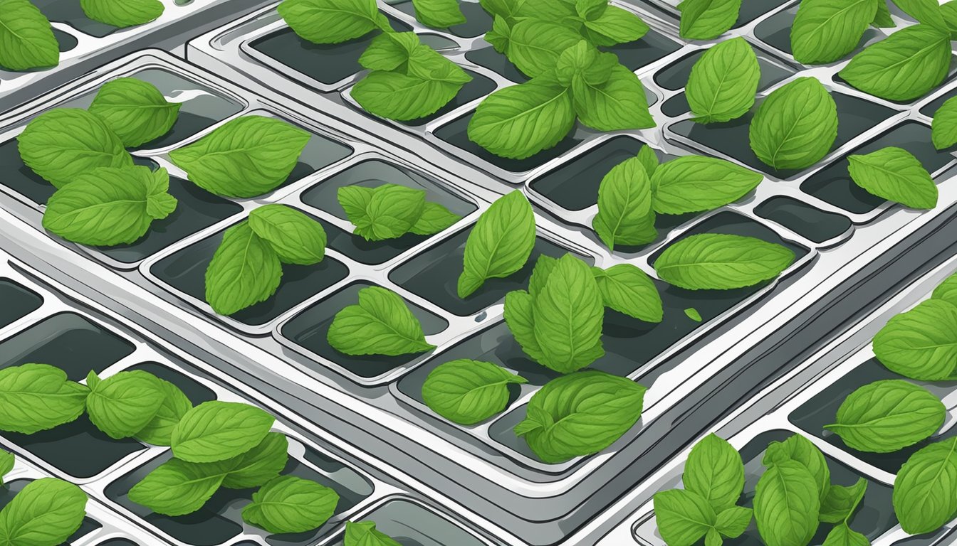 Fresh mint leaves laid out on dehydrator trays. Machine set to low heat. Warm air circulating around the leaves