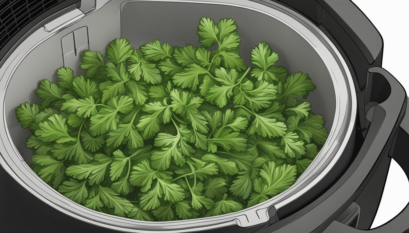 Fresh cilantro sprigs arranged in a single layer inside an air fryer basket, with the machine set to a low temperature for dehydration