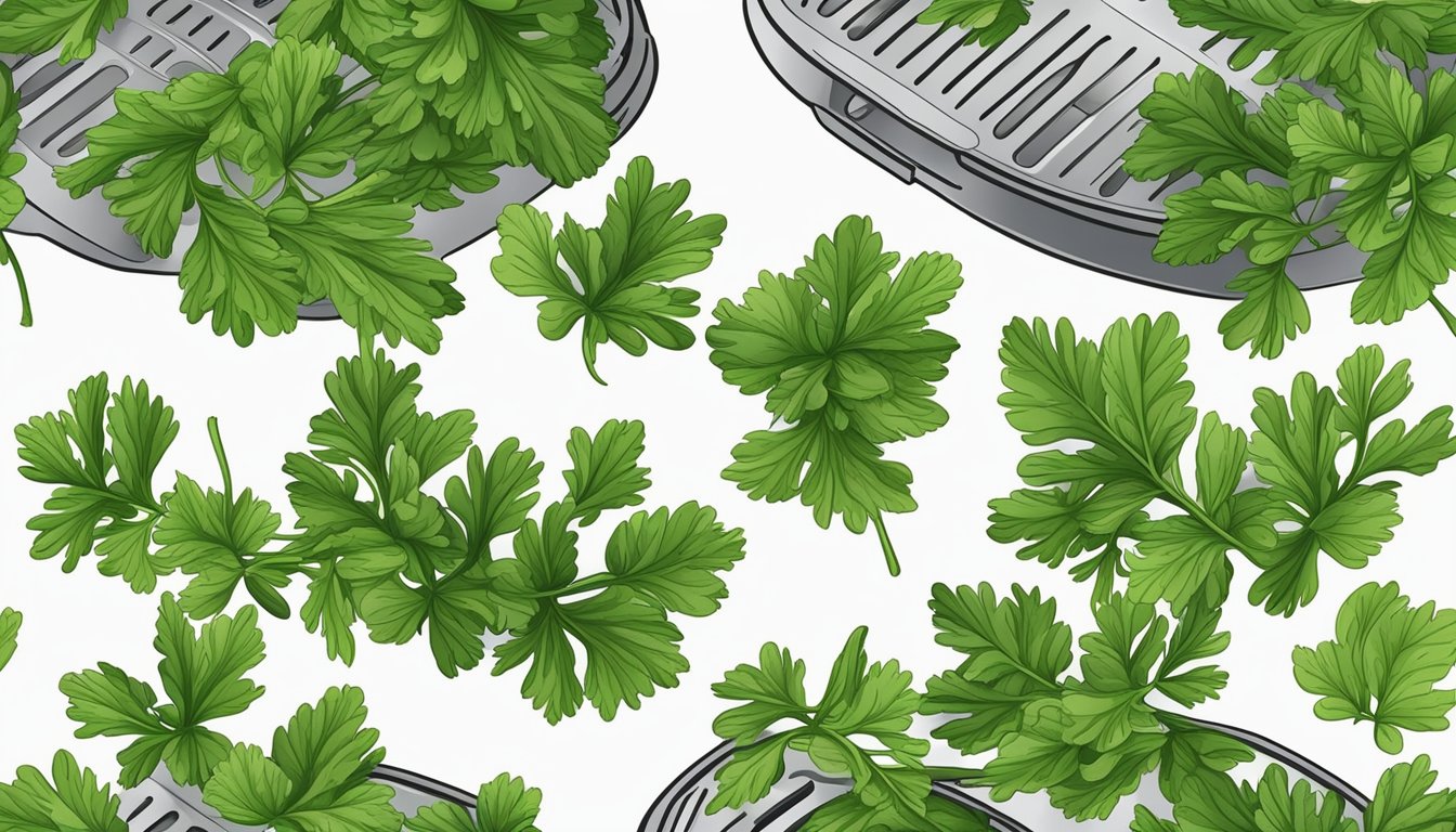 Fresh cilantro sprigs arranged in a single layer inside an air fryer basket, with the air fryer set to the lowest temperature for dehydration