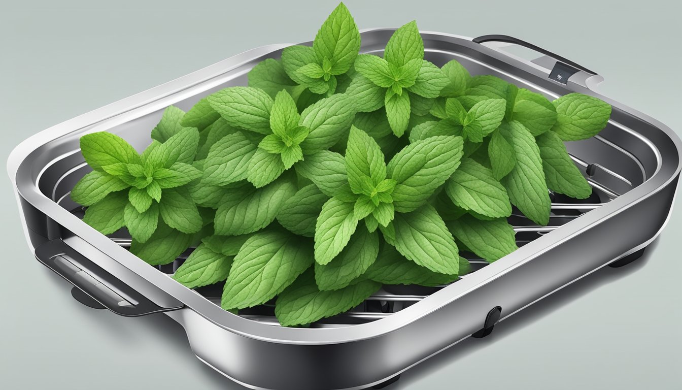 Fresh mint leaves arranged in a single layer on the air fryer tray, with the air fryer set to the lowest temperature for several hours