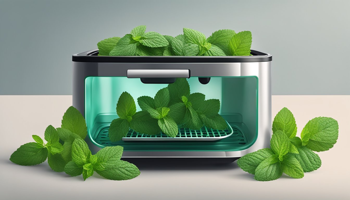 Fresh mint leaves arranged in a single layer inside an air fryer basket, with the air fryer turned on and the leaves beginning to shrink and dry out