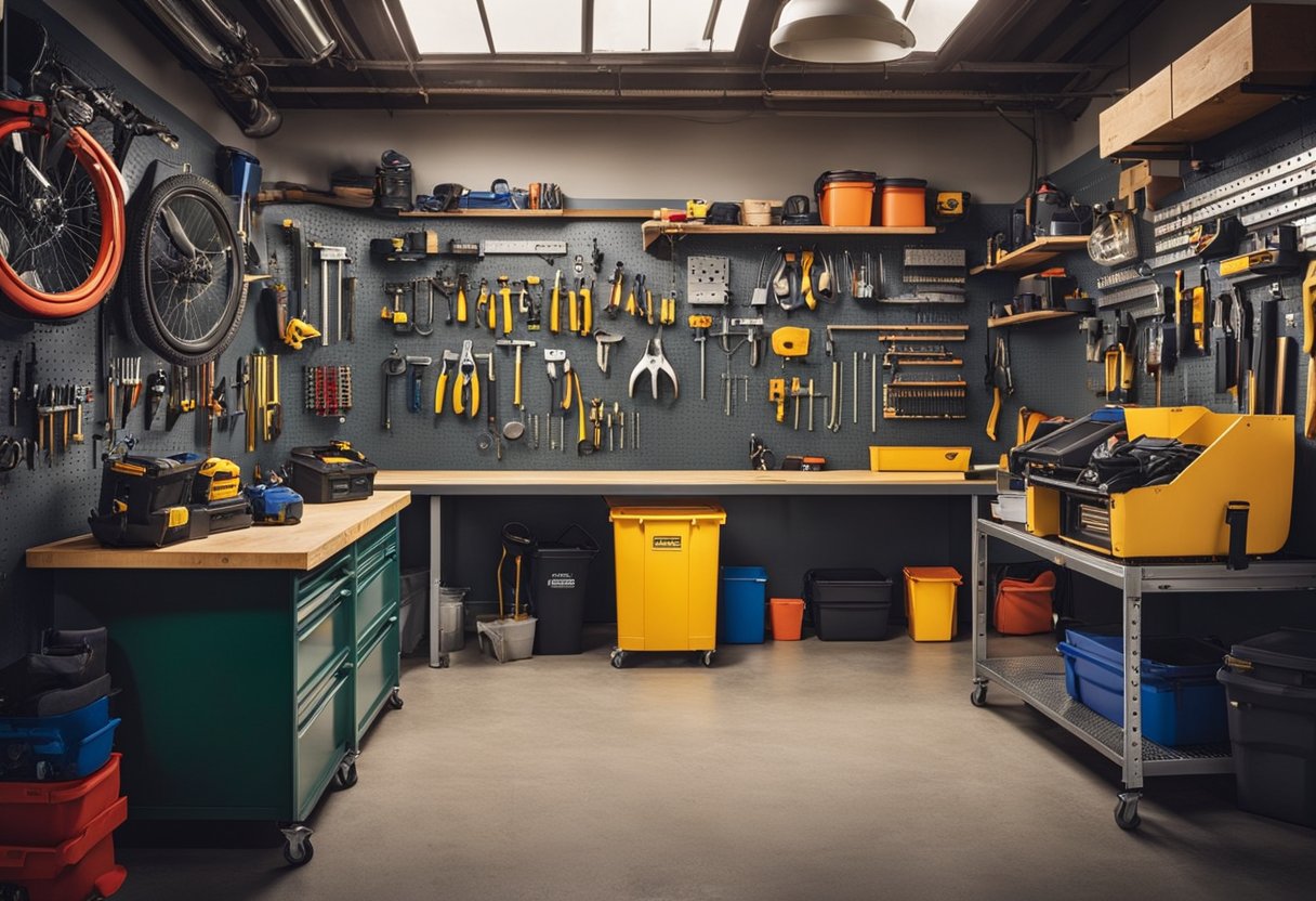A cluttered garage with labeled bins, wall-mounted shelves, and pegboards for tools and equipment. A workbench with organized tools and a clear pathway for easy access