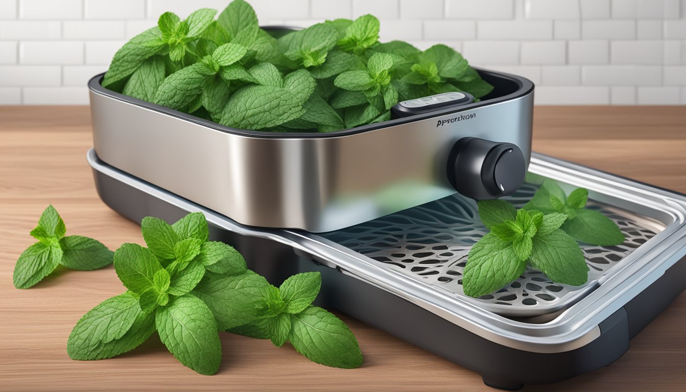 Fresh mint leaves arranged on air fryer tray, with the appliance set to dehydrate. Steam rising as the leaves slowly dry out