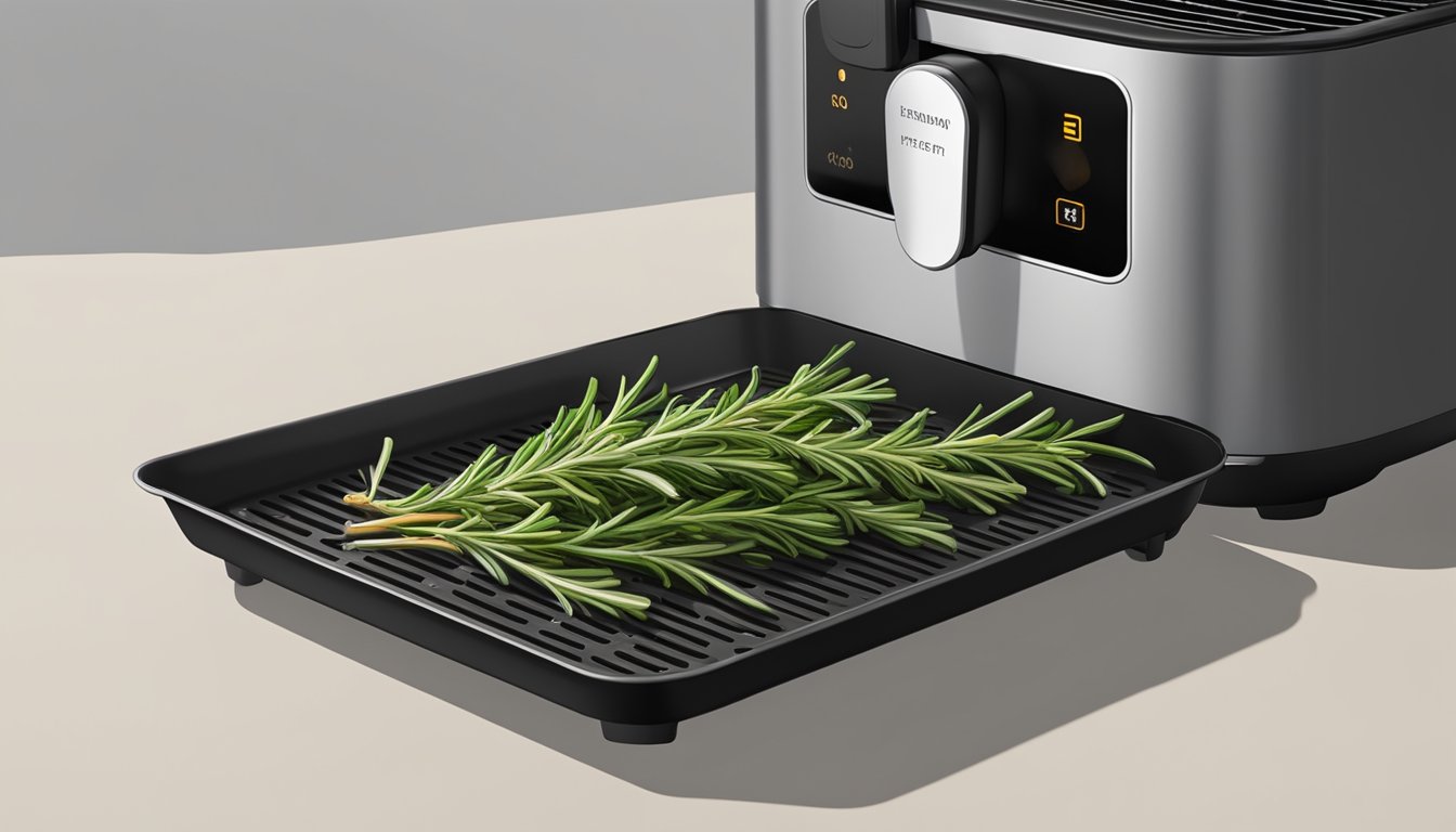 Fresh rosemary sprigs laid out on air fryer tray, set to low heat, with the door closed