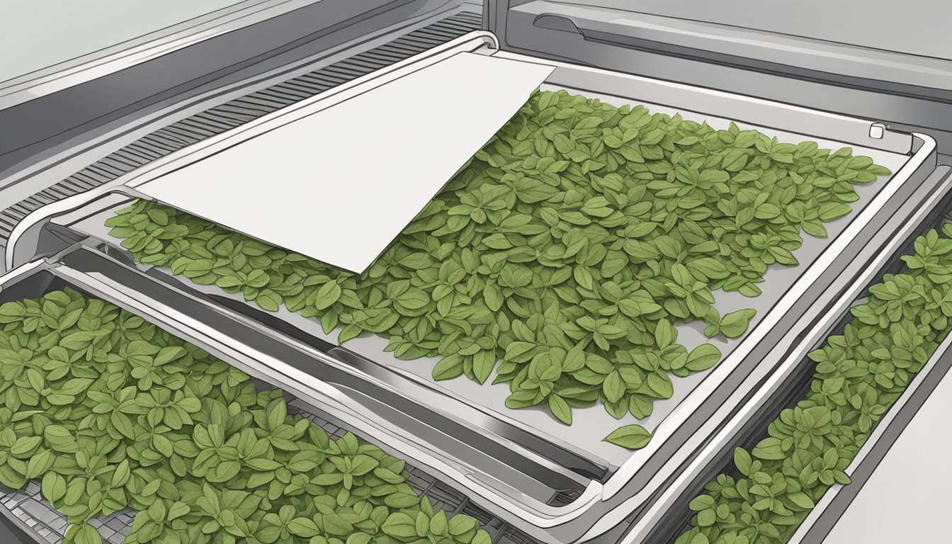 Fresh oregano leaves laid out on a dehydrator tray, with the machine set to the appropriate temperature and time for drying