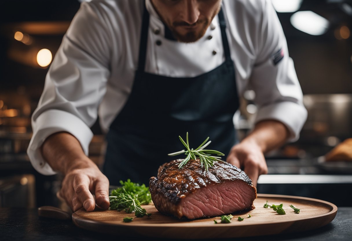 Um chef tempera e grelha habilidosamente um corte perfeito de carne, usando técnicas precisas para criar um prato de dar água na boca.