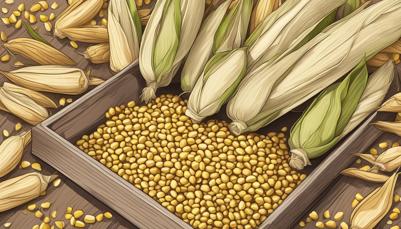 Corn silk laid out on a dehydrator tray, surrounded by scattered dried leaves and a small pile of fresh corn husks