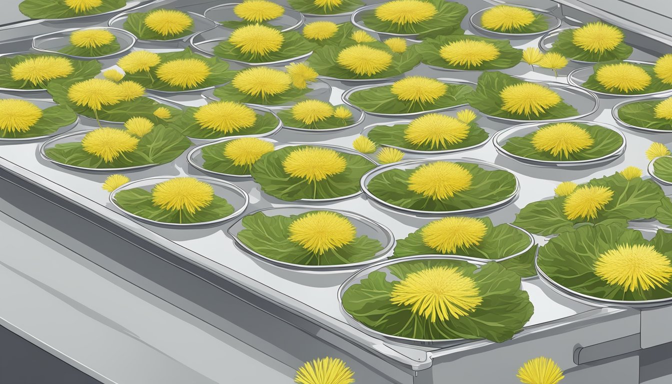 Fresh dandelions laid out on a dehydrator tray, ready for the dehydration process