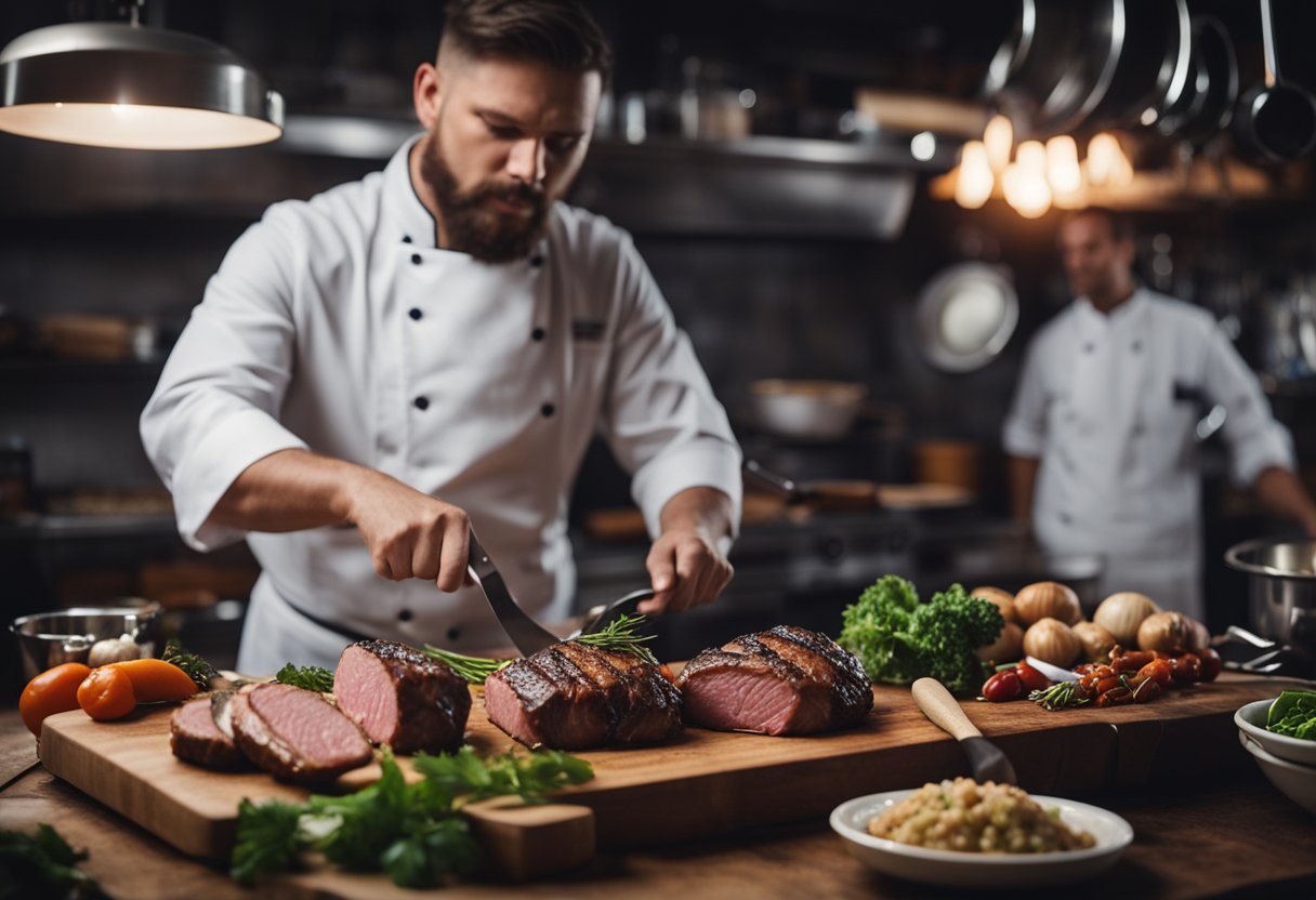 Um chef tempera e grelha habilidosamente um corte perfeito de carne, cercado por vários utensílios de cozinha e ingredientes.