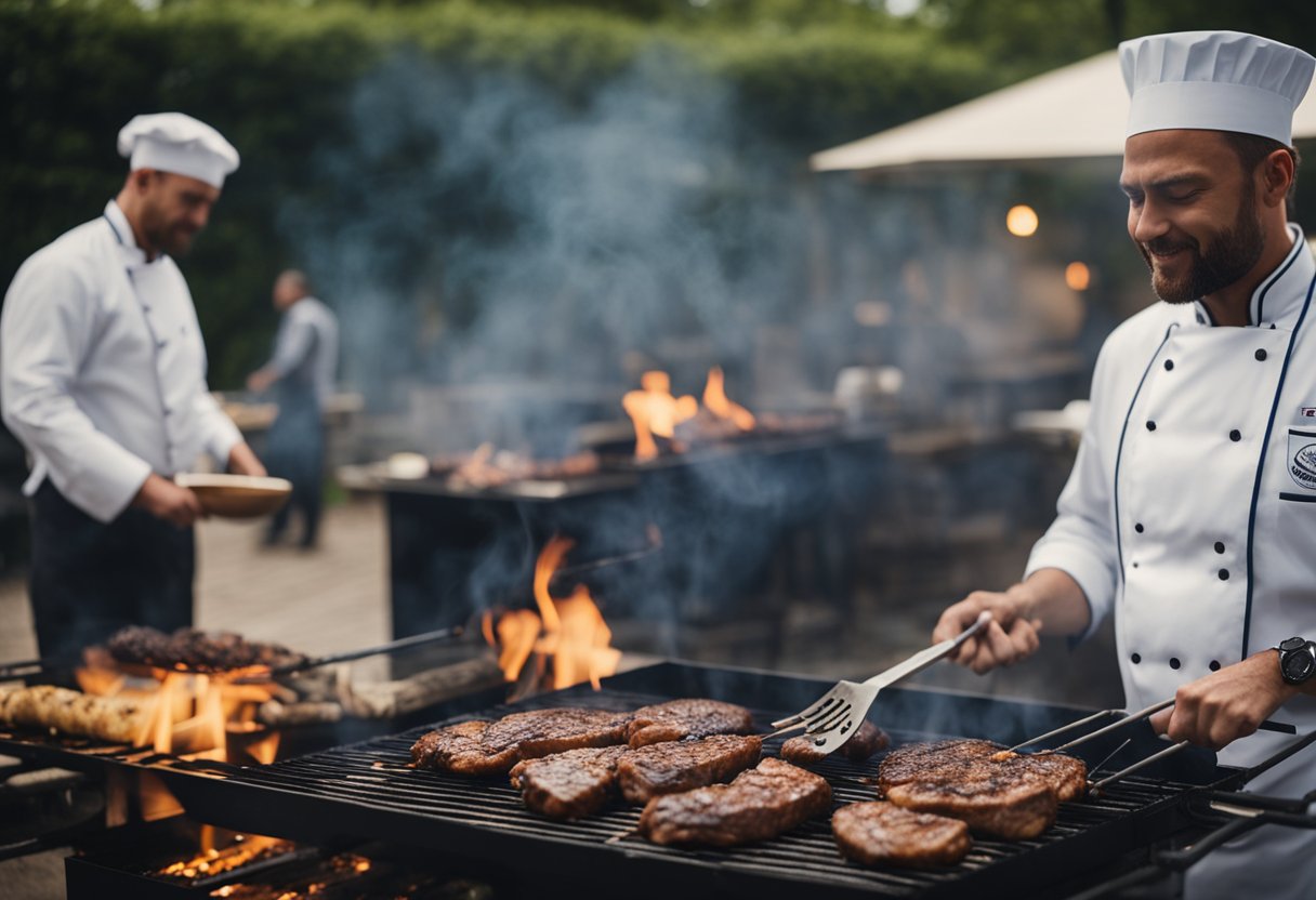 Um chef grelhando habilidosamente um pedaço de carne perfeitamente temperado em uma churrasqueira quente e fumegante, com fumaça subindo e a carne chiando enquanto cozinha até a perfeição.