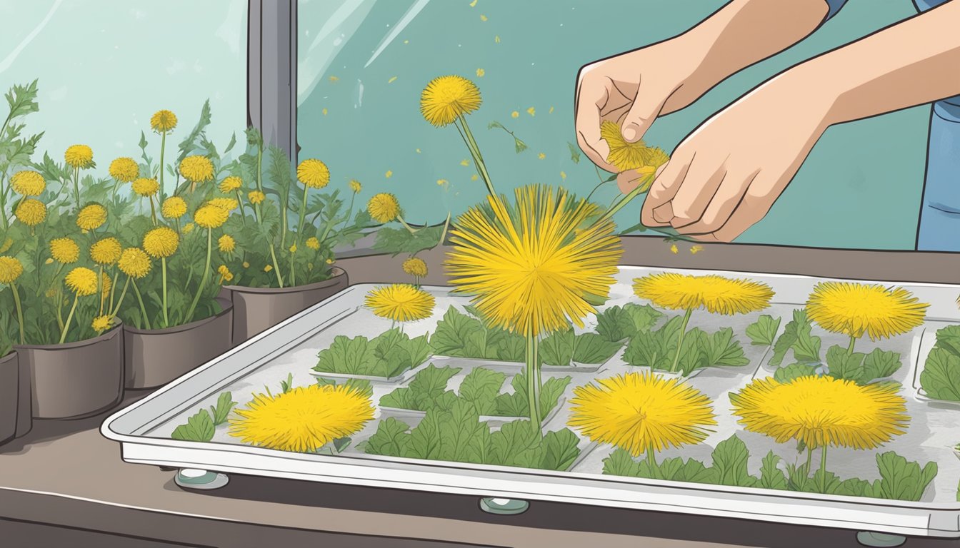 A person placing dandelions on a dehydrator tray, with a bowl of freshly picked dandelions next to them