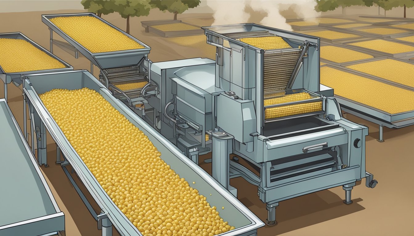 Corn silk being gathered and spread out on dehydrator trays, with the machine set to a low temperature for drying