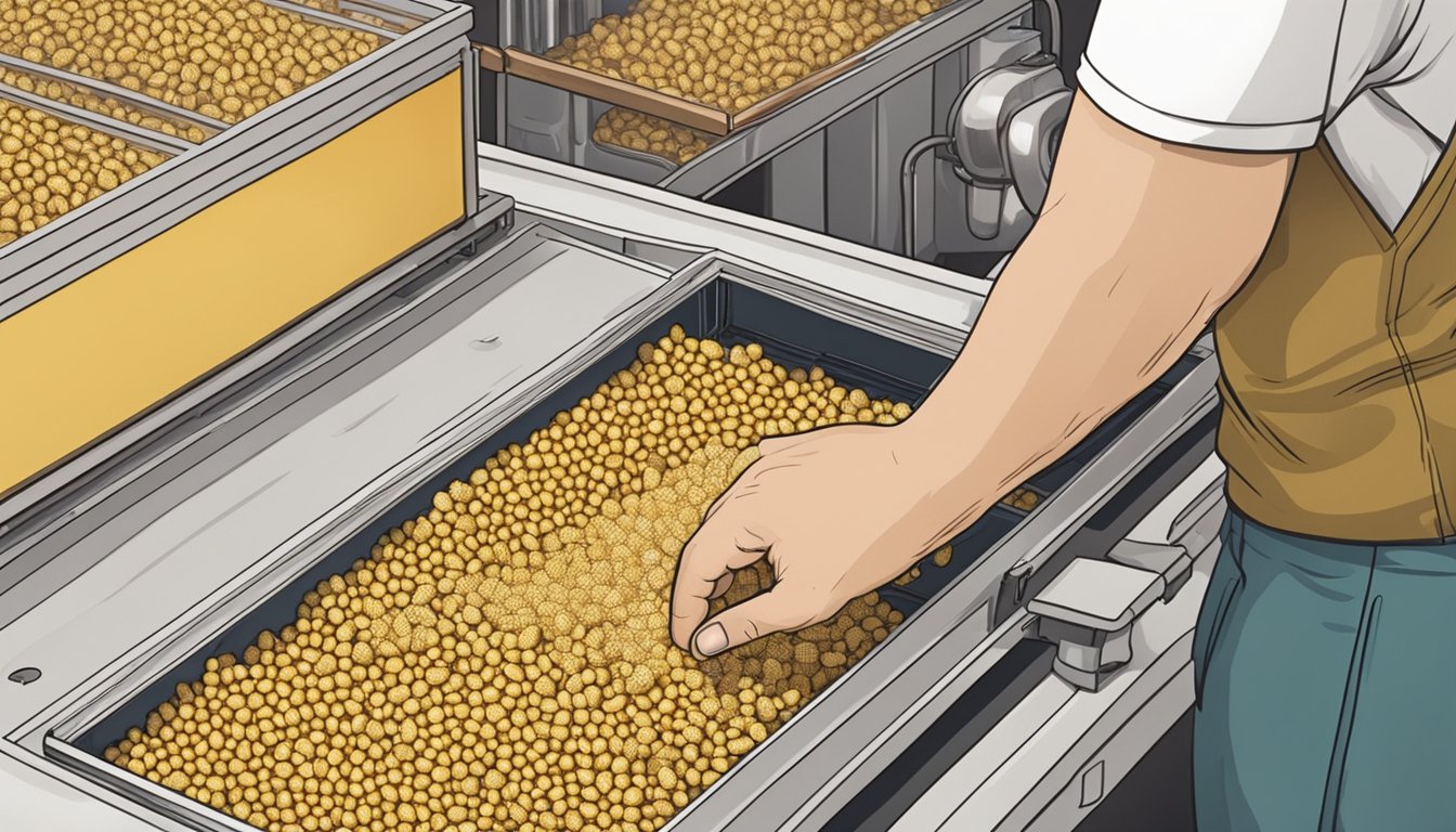 A person placing freshly picked corn silk onto a dehydrator tray, with the machine set to a low temperature