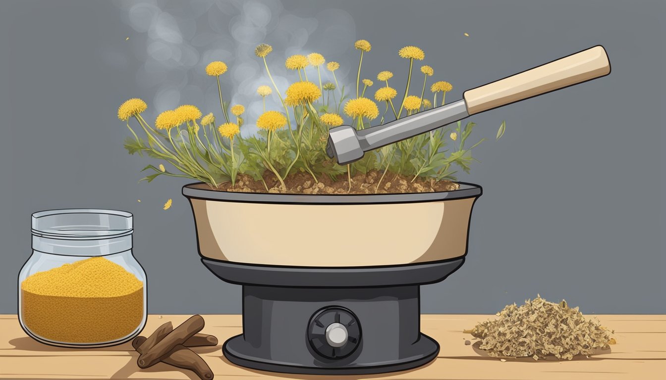 A mortar and pestle grinding dried dandelion roots, with a dehydrator in the background