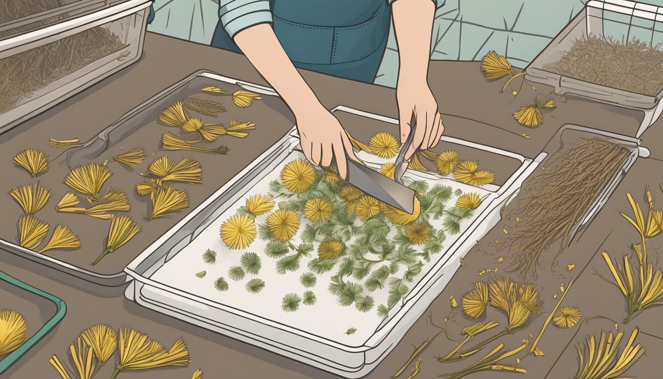 A person carefully slicing dandelion roots and laying them out on a dehydrator tray