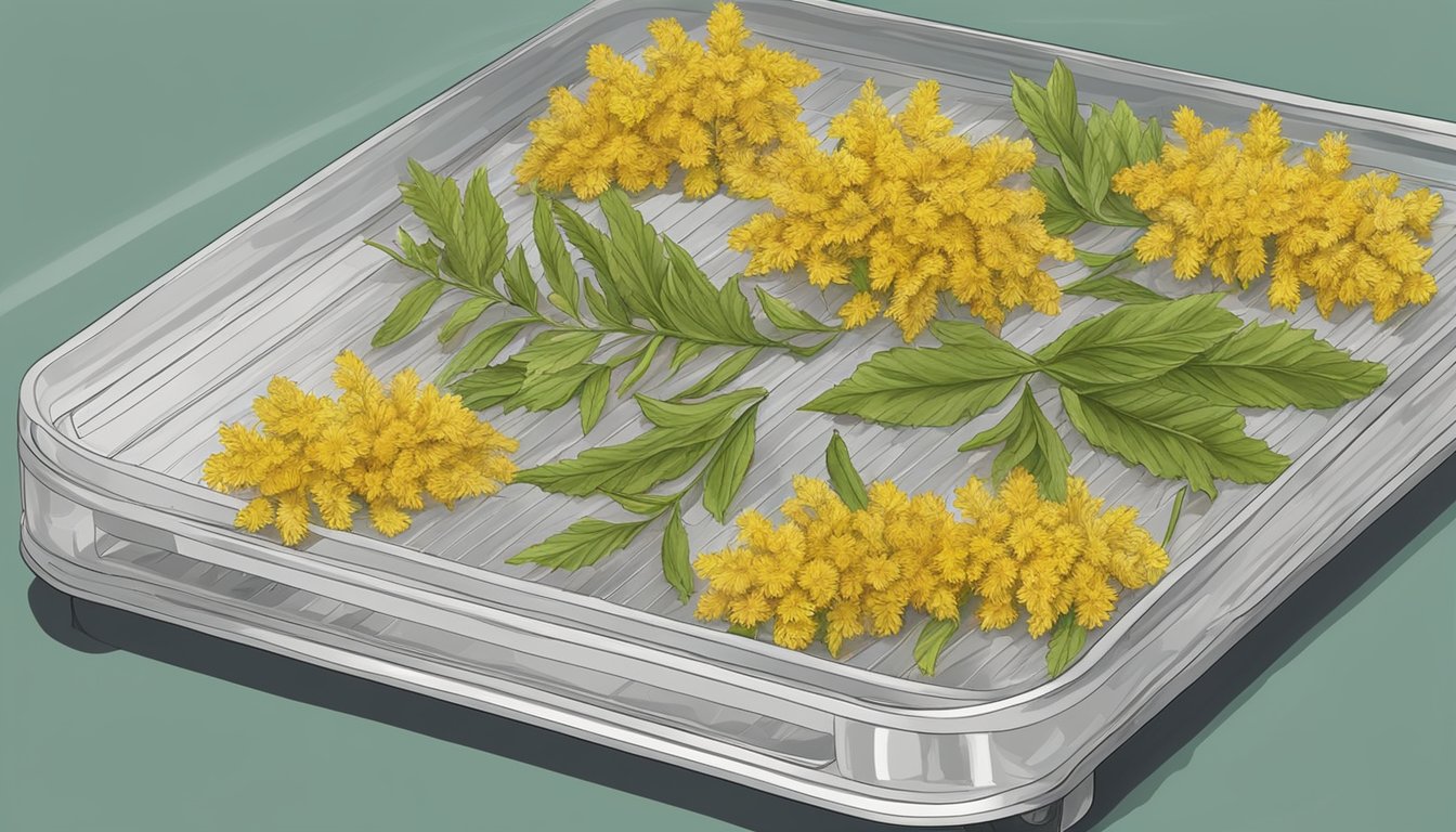 Goldenrod flowers and leaves laid out on a dehydrator tray, with warm air circulating around them