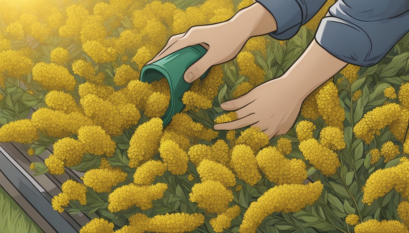 Goldenrod flowers being picked and laid out to dry on a mesh screen in the sun