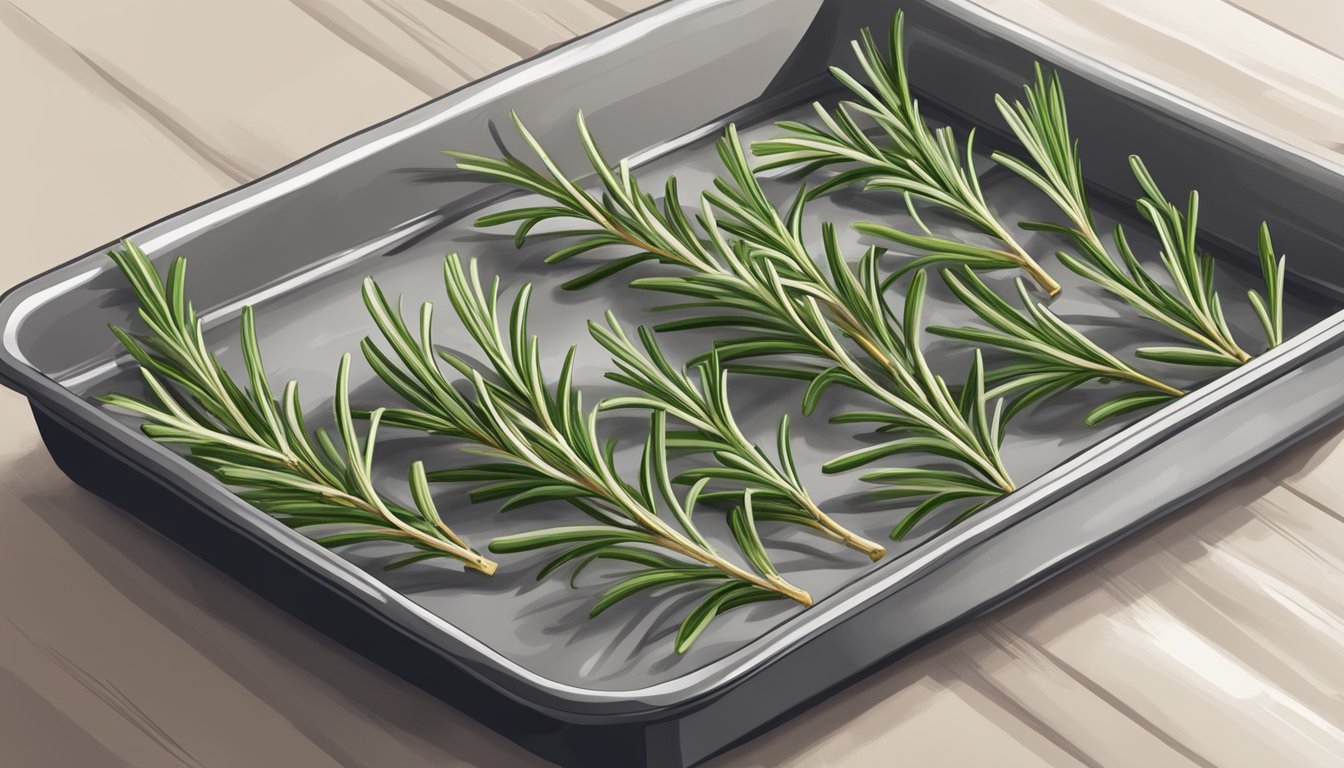 Fresh rosemary sprigs laid out on a baking sheet in a single layer, placed in an open oven with the heat set to the lowest temperature