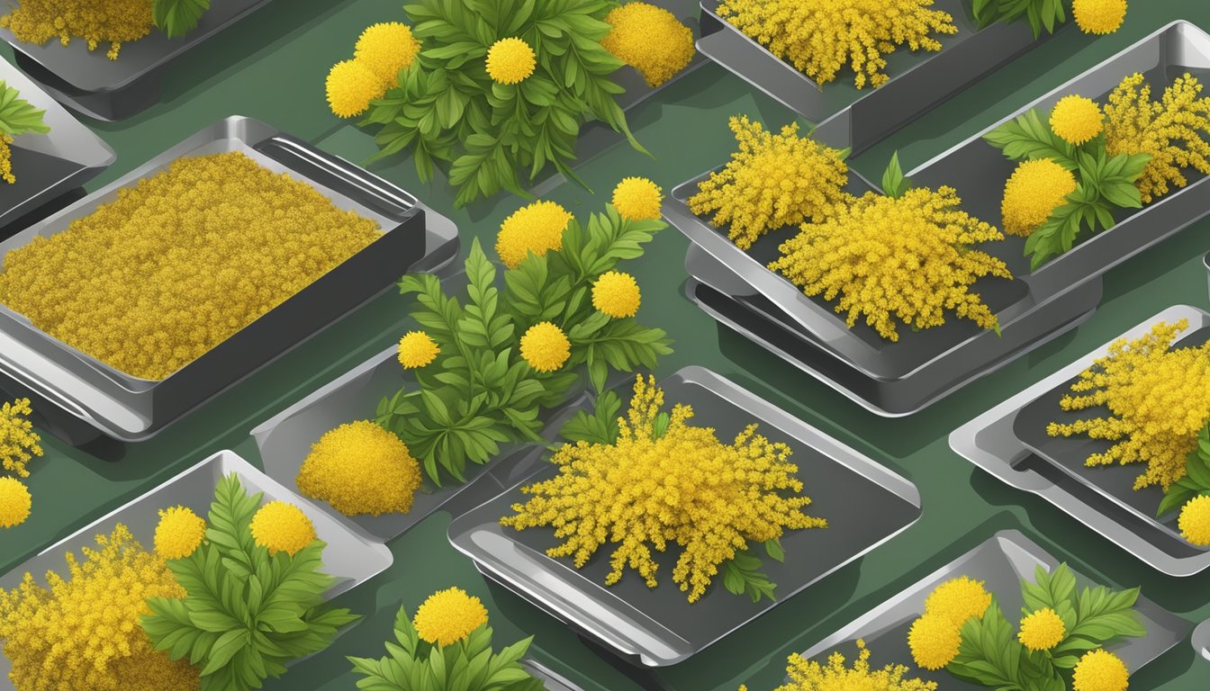 Goldenrod flowers and leaves laid out on dehydrator trays. Warm air circulating, removing moisture. Bright yellow blooms and green foliage