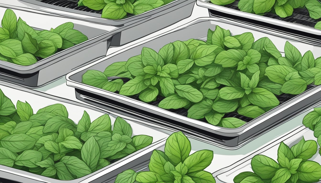 Fresh mint leaves laid out on a dehydrator tray, warm air circulating around them as they dry out, ready to be stored for making tea