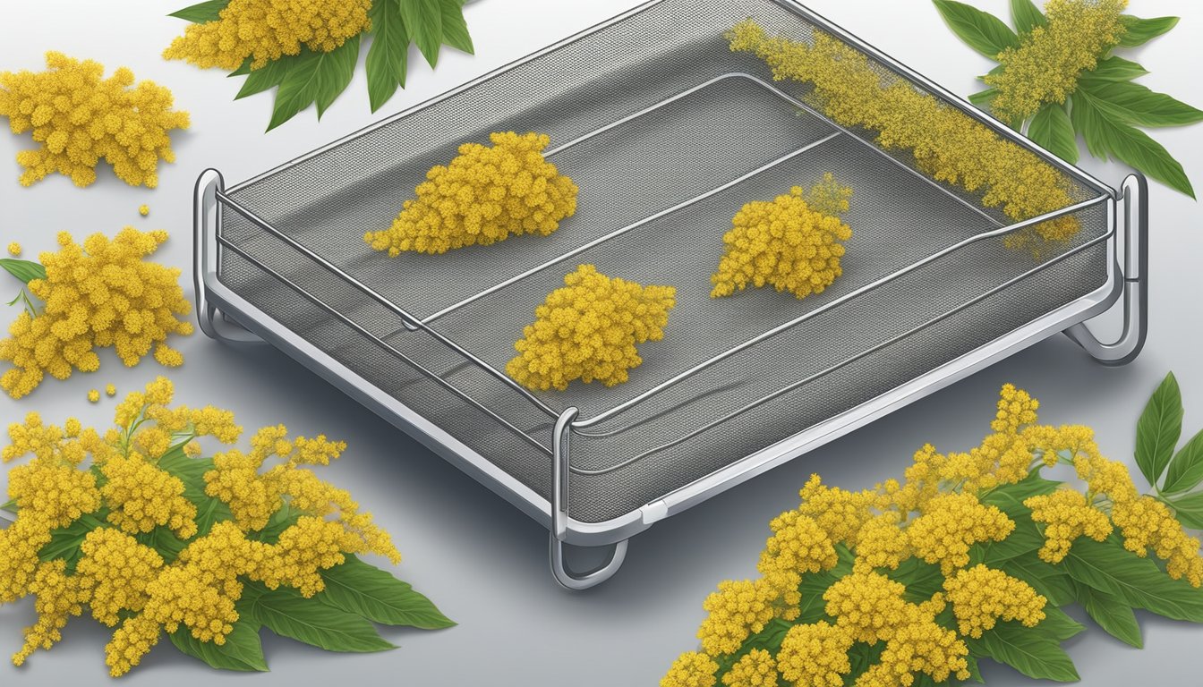 Goldenrod flowers and leaves spread out on a mesh dehydrator tray, with small clusters of the plant arranged in a single layer