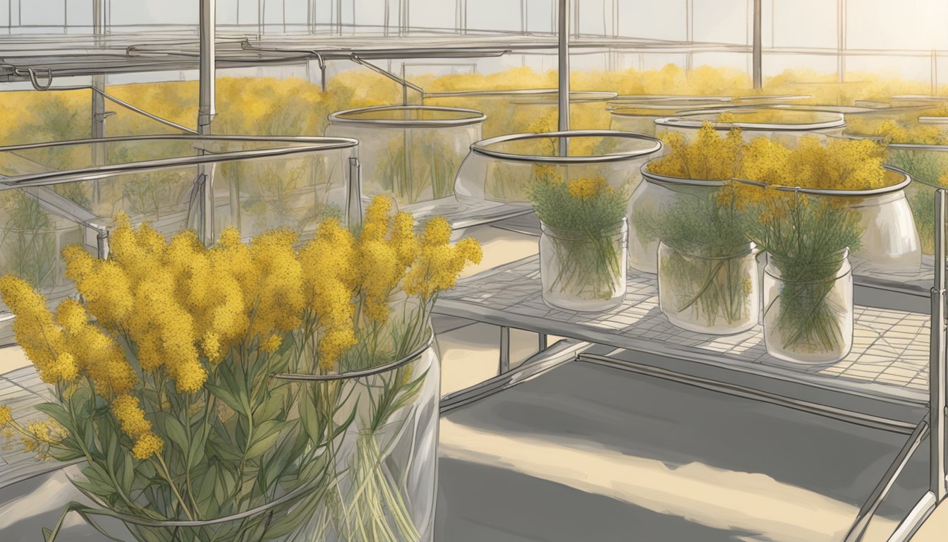 Goldenrod stems and flowers laid out on a mesh screen under the sun, surrounded by drying racks and jars of dried herbs