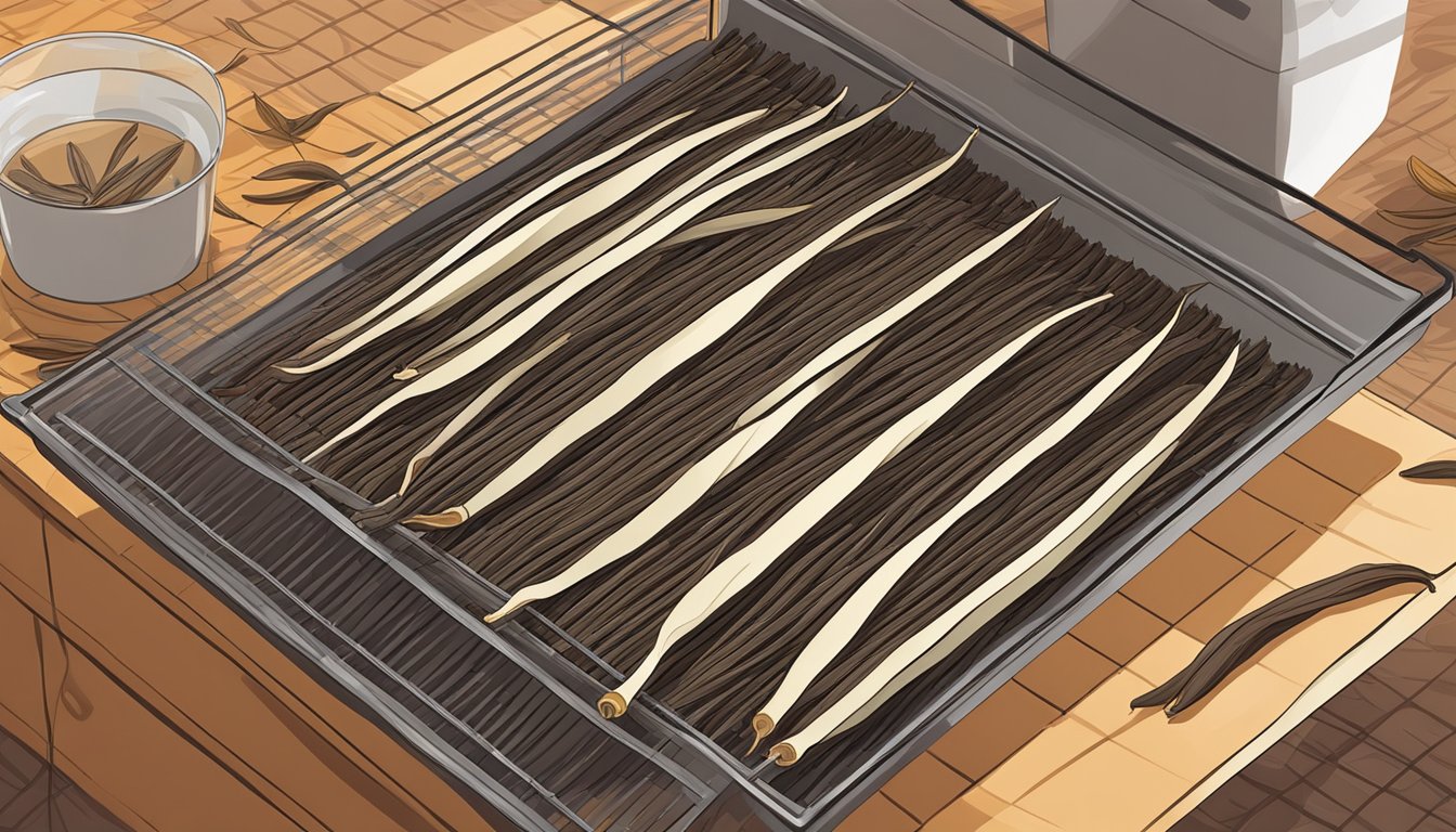 Vanilla beans laid out on a mesh dehydrator tray, surrounded by a warm, dry environment