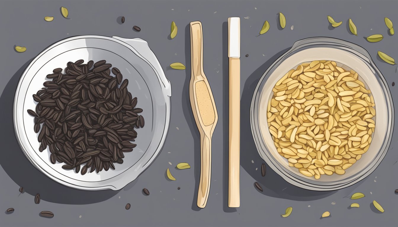 Vanilla beans laid out on a clean, dry surface, being rehydrated in a small bowl of warm water. A separate image shows the process of dehydrating the beans