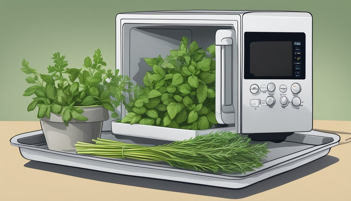 Fresh herbs arranged on a microwave-safe tray, rotating inside the microwave