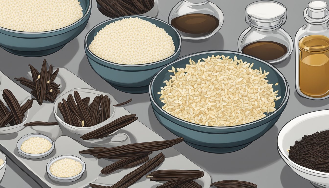 Vanilla beans laid out on a dehydrator tray, surrounded by bowls of sugar and vanilla extract