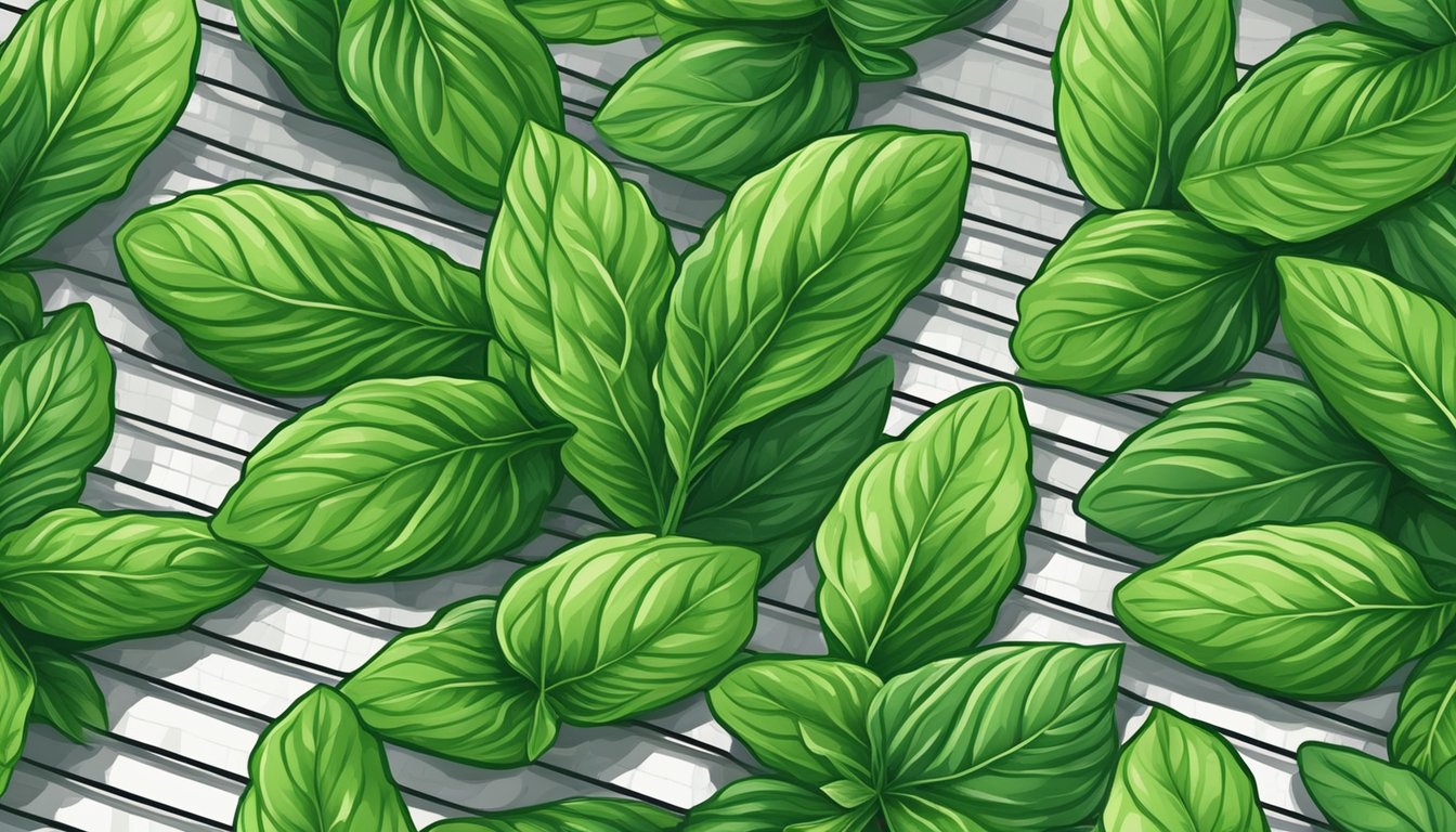 Fresh peppermint leaves spread out on a mesh dehydrator tray under warm, circulating air