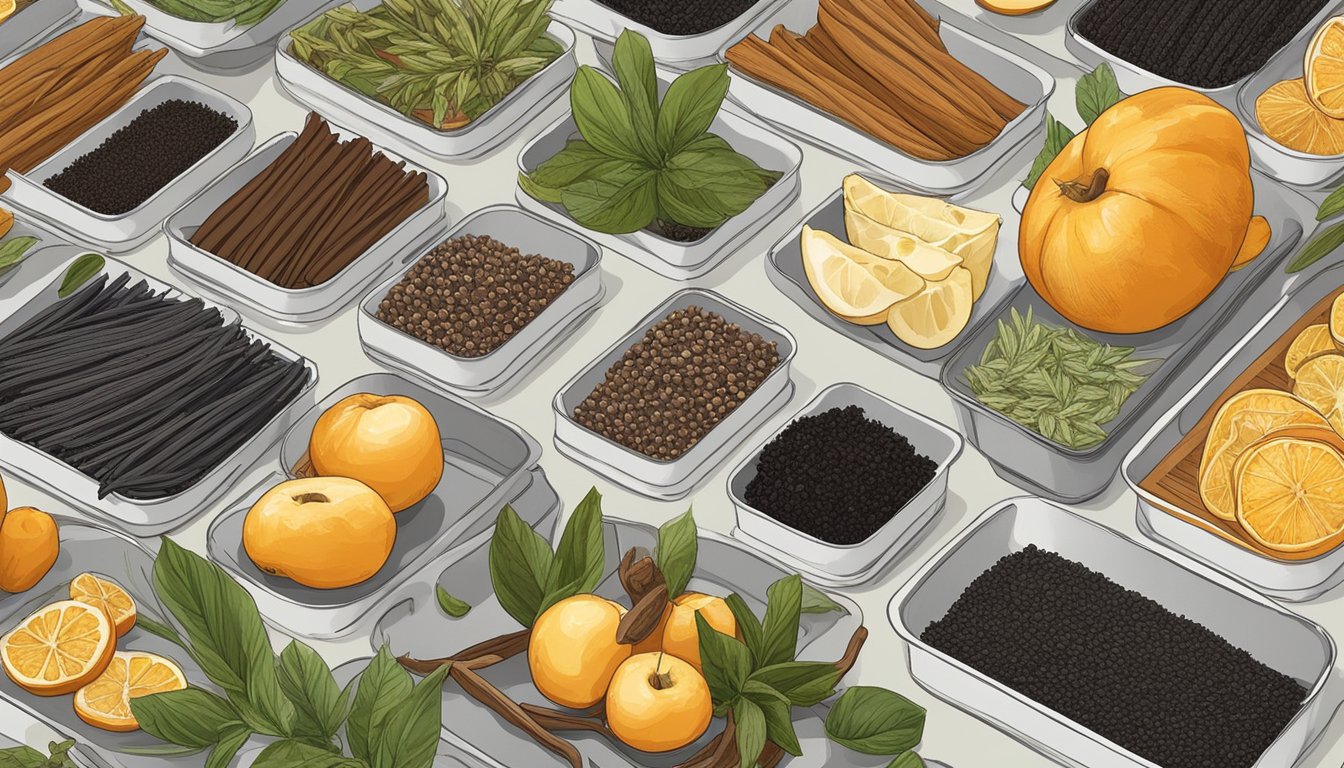 Vanilla beans laid out on a dehydrator tray, surrounded by other dehydrated fruits and herbs for comparison