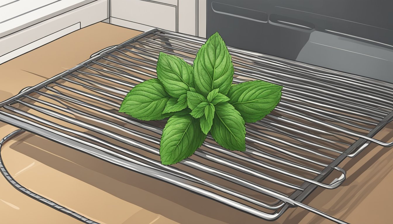 Fresh peppermint leaves spread out on a wire rack, placed in a well-ventilated area. A dehydrator sits nearby, ready for use