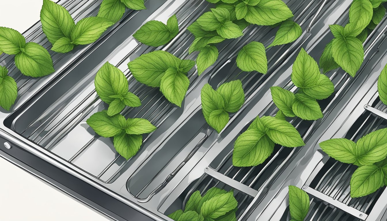 Peppermint leaves laid out on a dehydrator tray, with the machine running and warm air circulating around the leaves