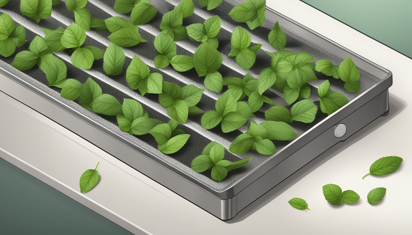 Peppermint leaves laid out on a mesh dehydrator tray under a warm, dry environment