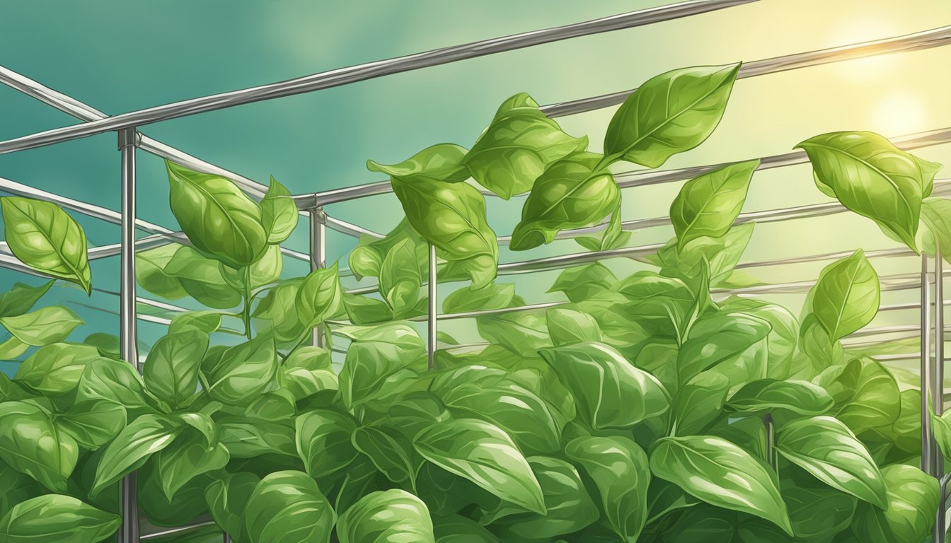 Fresh basil leaves laid out on a wire rack under the sun. A gentle breeze blows as the leaves slowly dry out