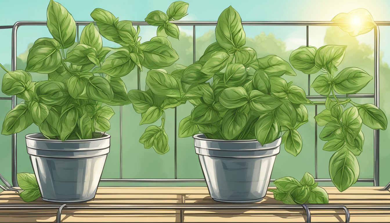 Fresh basil leaves laid out on a wire rack under the sun, with a gentle breeze blowing. A bowl of dried basil sits nearby