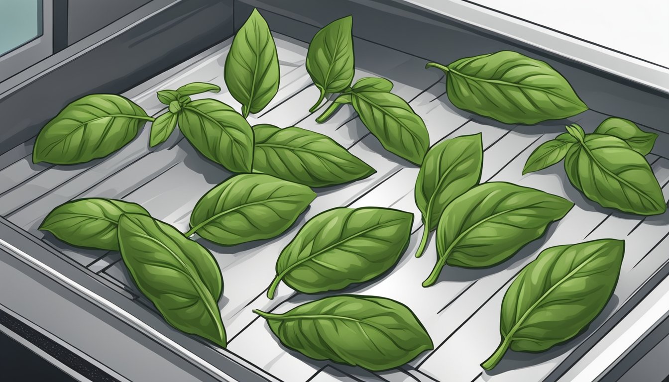 Fresh basil leaves laid out on a baking sheet, placed in an oven set to its lowest temperature, with the door slightly ajar to allow for air circulation