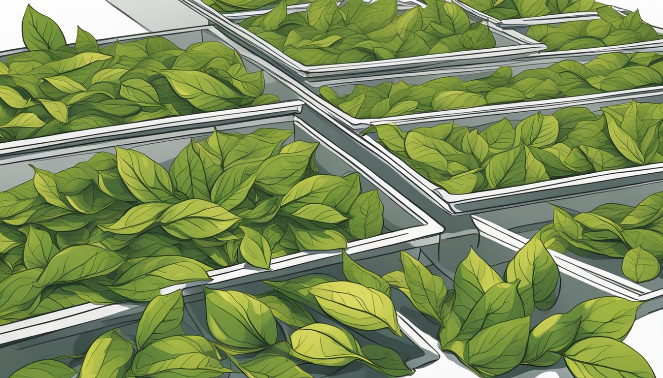 Tea leaves spread out on mesh trays, placed inside a dehydrator