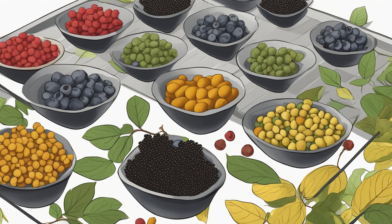 Spicebush berries laid out on a dehydrator tray, surrounded by a scattering of loose berries and sprigs of spicebush leaves