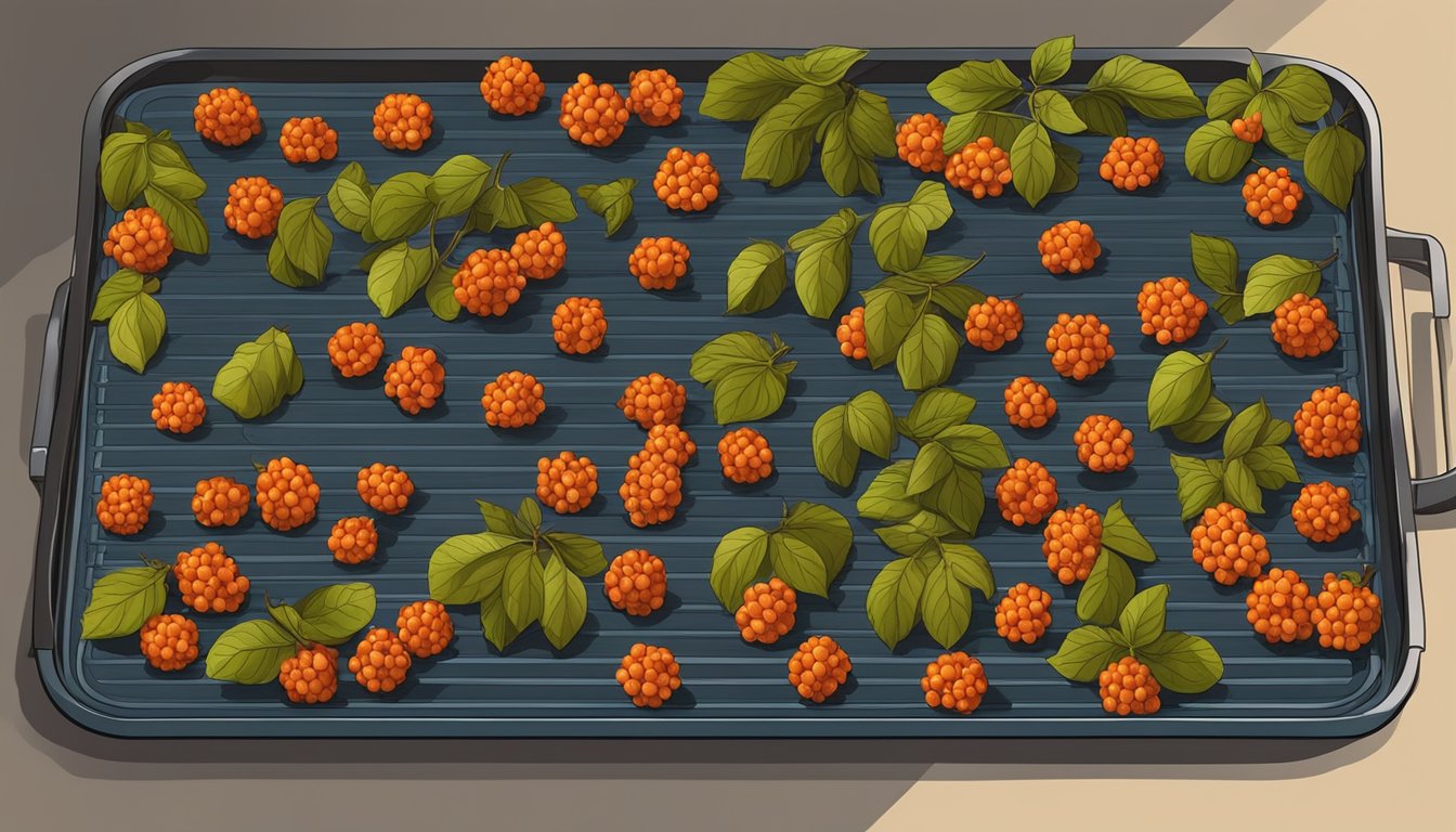 Spicebush berries laid out on a dehydrator tray, with warm air circulating around them, slowly drying out