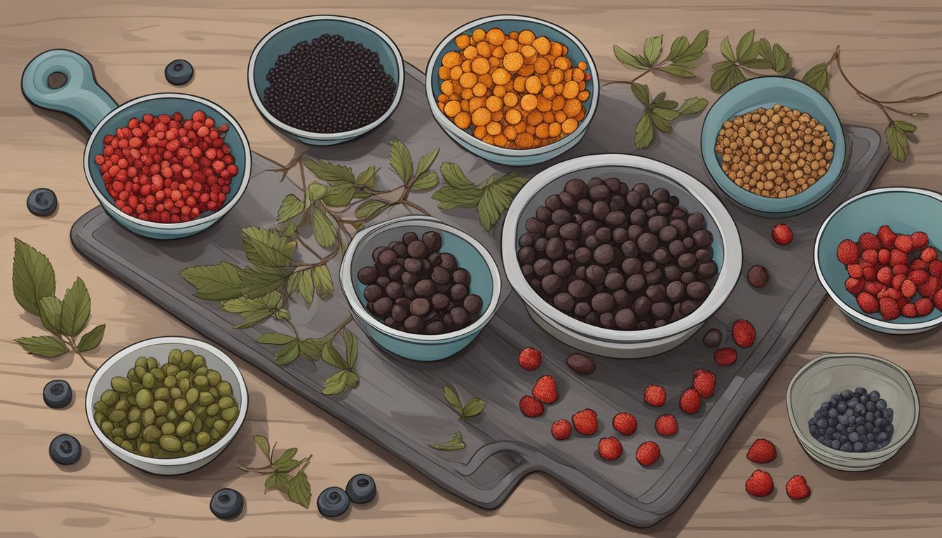 Spicebush berries laid out on a dehydrator tray, surrounded by a mortar and pestle, and a bowl of dried berries