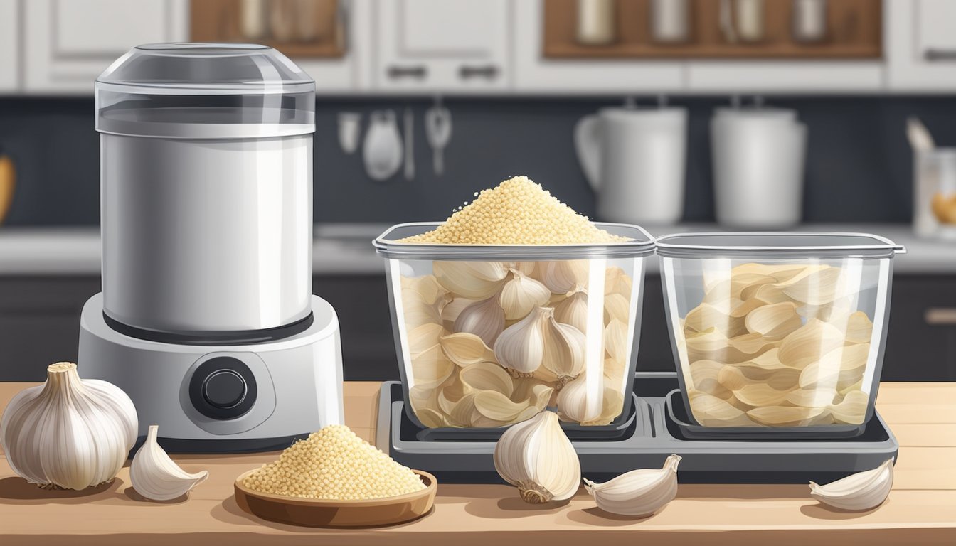 Fresh garlic bulbs and a dehydrator on a kitchen counter. Sliced garlic spread out on dehydrator trays. Finished garlic powder in a small container