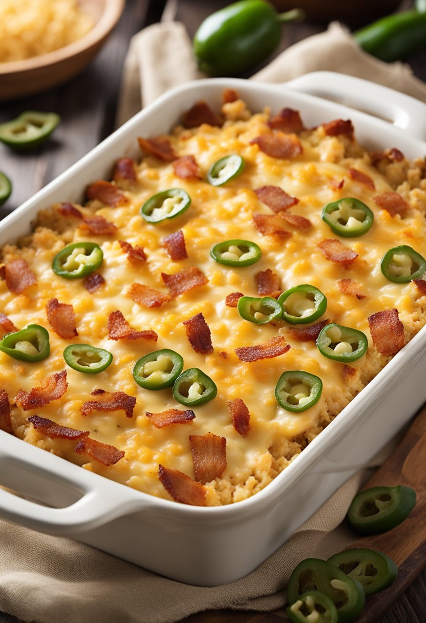 A baking dish filled with layers of creamy, cheesy jalapeño popper casserole topped with crispy bacon and golden brown breadcrumbs