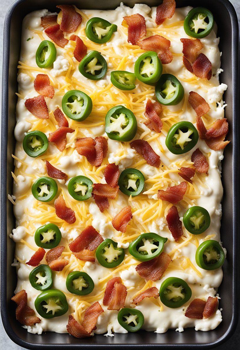 A baking dish filled with layers of sliced jalapeños, cream cheese, shredded cheese, and crispy bacon, ready to be baked into a keto jalapeño popper casserole