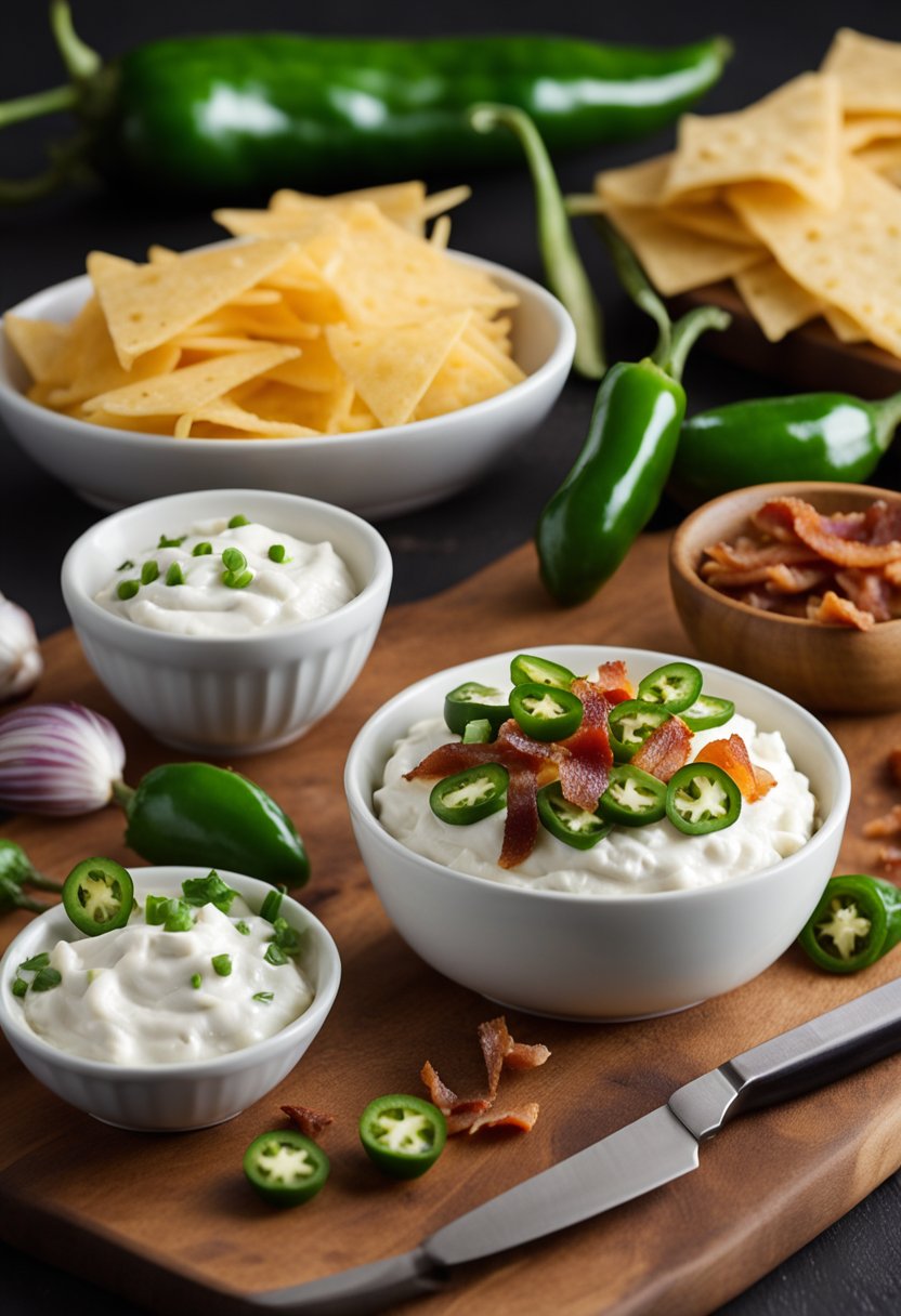 Fresh jalapeños, cream cheese, bacon, and shredded cheese laid out on a cutting board with a knife. Sour cream and spices nearby