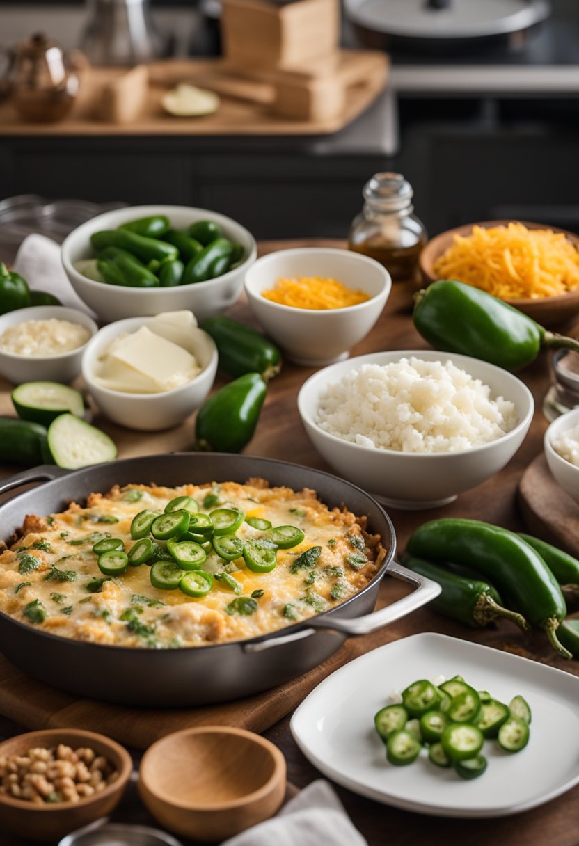 Ingredients arranged on a kitchen counter for assembling the keto jalapeño popper casserole