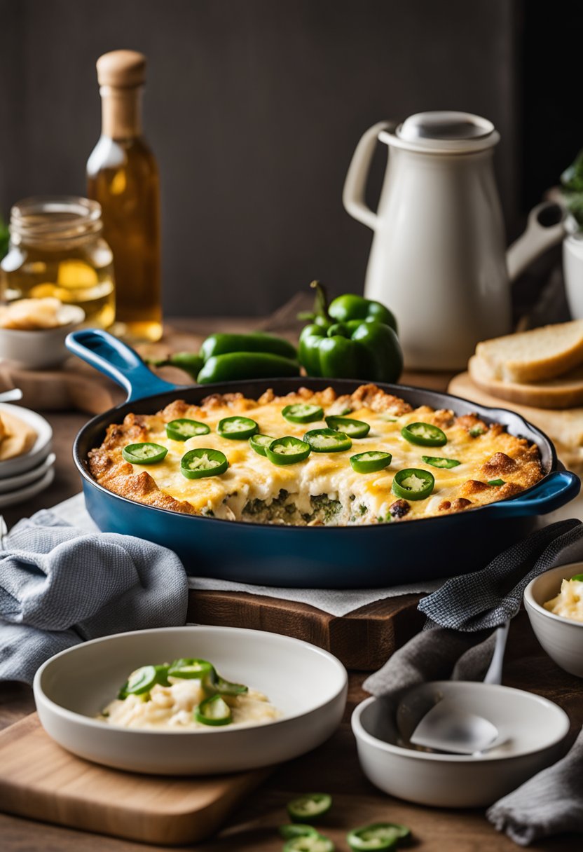 A kitchen counter with ingredients and utensils, a baking dish filled with keto jalapeño popper casserole, and a serving spatula