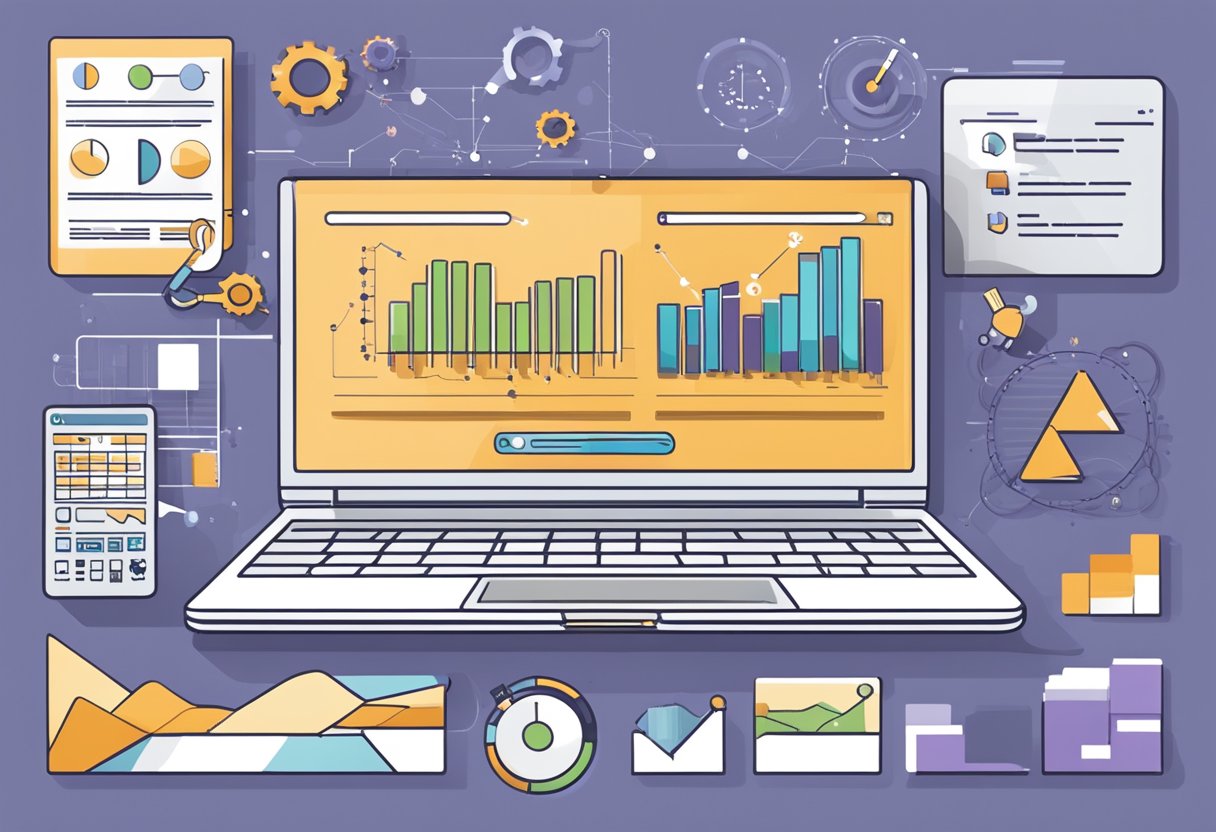 A laptop surrounded by various SEO tools and techniques, such as keywords, backlinks, and analytics charts, with a website performance graph showing improvement